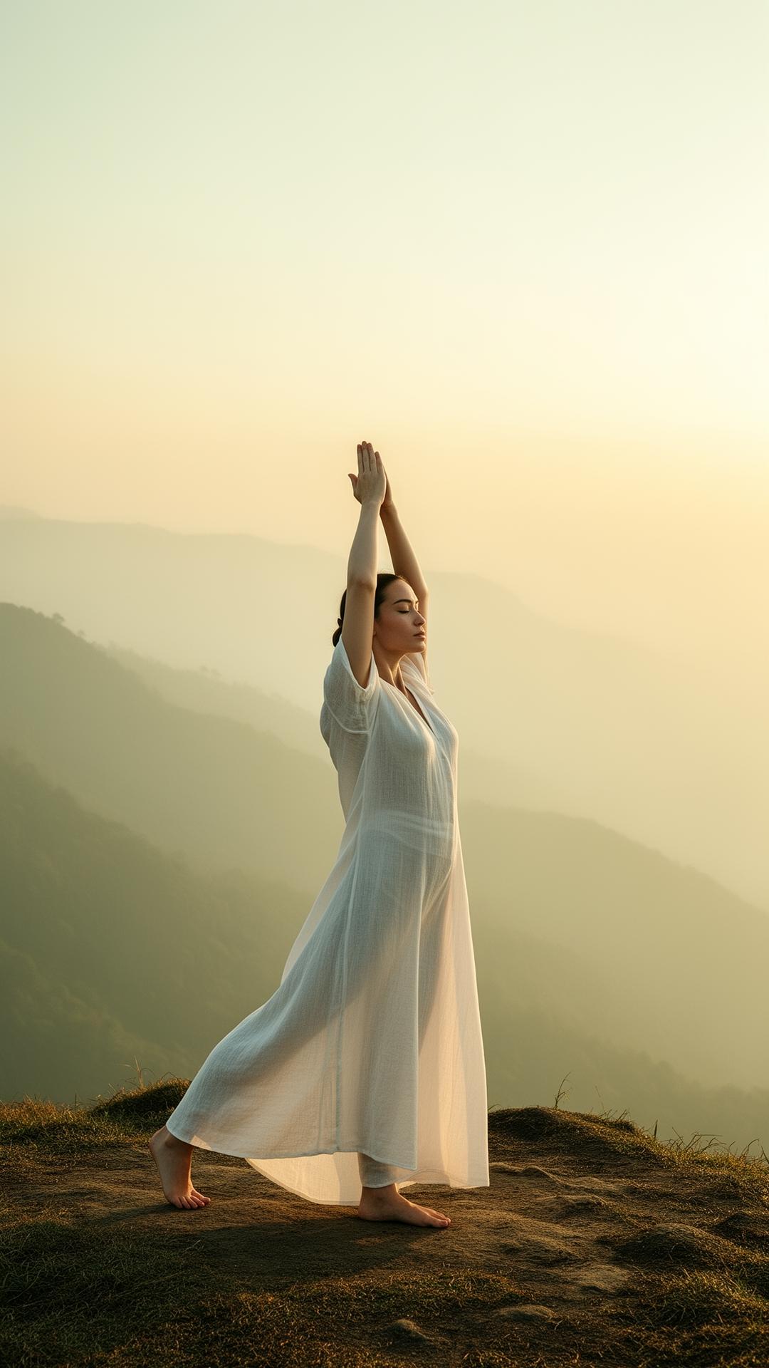 Woman practicing yoga at sunrise